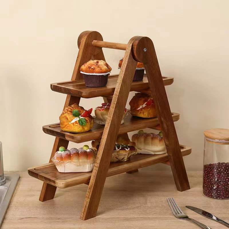 3-Tier Wooden Serving Tray – A-Frame Stand with Handle | Paulownia, Pine & Acacia