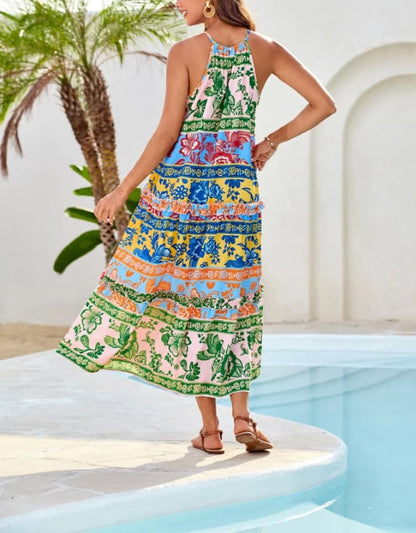 Women's Boho Casual Summer Floral Halter Tiered Beach Dress – Women's… – Size