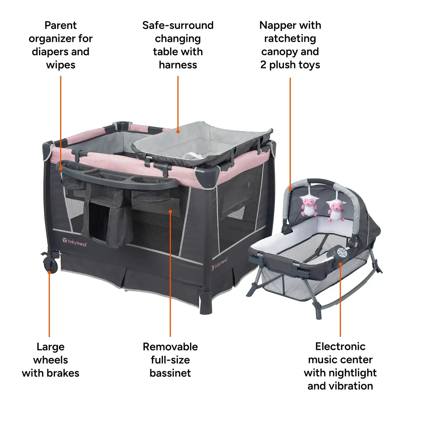 Baby Trend® Simply Smart™ Whisper Grey Portable Nursery Center® Playard w/ Removable Full Bassinet, Changing Table & Organizer