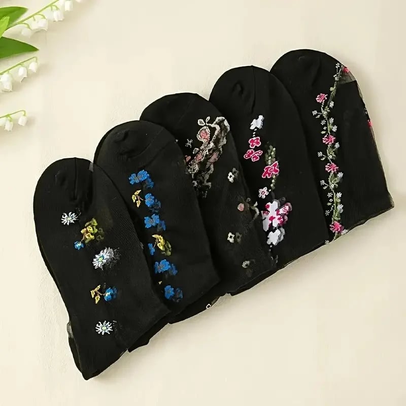 Floral Pattern Glass Stockings – 10 Pairs Soft Breathable Mid-tube So… – 🌸 10