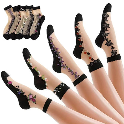 Floral Pattern Glass Stockings – 10 Pairs Soft Breathable Mid-tube So… – 🌸 10