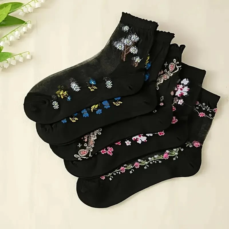Floral Pattern Glass Stockings – 10 Pairs Soft Breathable Mid-tube So… – 🌸 10