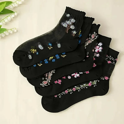 Floral Pattern Glass Stockings – 10 Pairs Soft Breathable Mid-tube So… – 🌸 10
