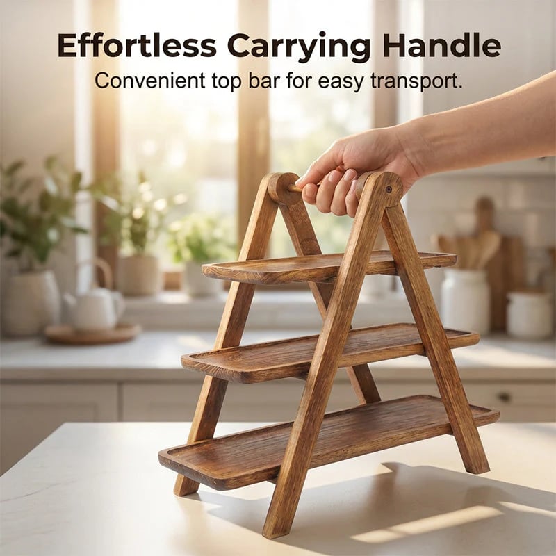 3-Tier Wooden Serving Tray – A-Frame Stand with Handle | Paulownia, Pine & Acacia