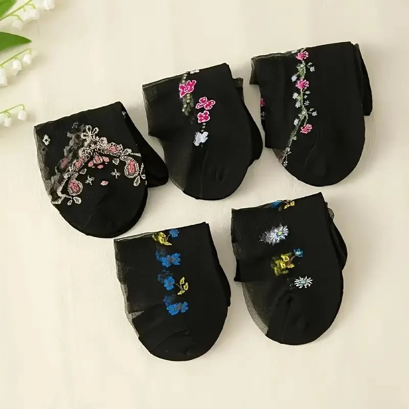 Floral Pattern Glass Stockings – 10 Pairs Soft Breathable Mid-tube So… – 🌸 10