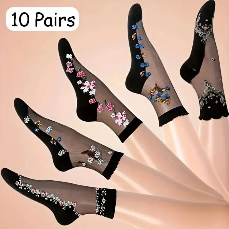 Floral Pattern Glass Stockings – 10 Pairs Soft Breathable Mid-tube So… – 🌸 10