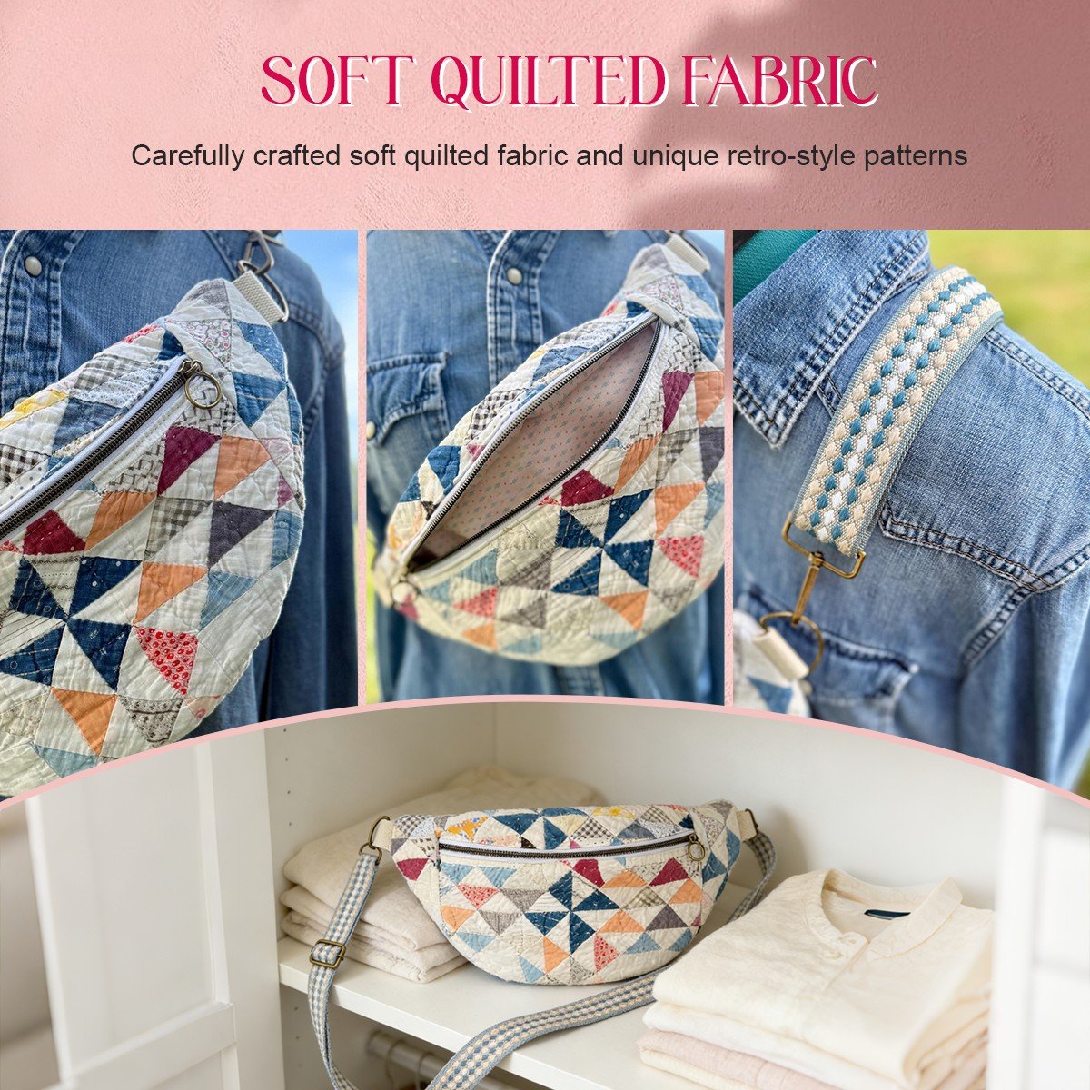 Vintage Patchwork Quilted Sling Bag – Handmade, Adjustable Strap Up T… – 💳