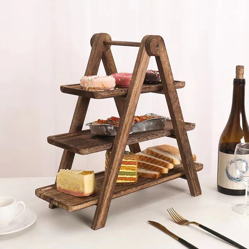 3-Tier Wooden Serving Tray – A-Frame Stand with Handle | Paulownia, Pine & Acacia