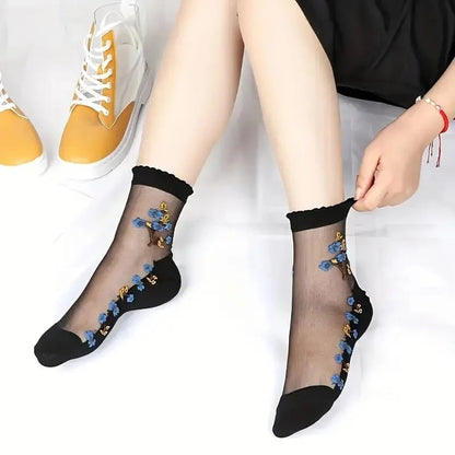 Floral Pattern Glass Stockings – 10 Pairs Soft Breathable Mid-tube So… – 🌸 10