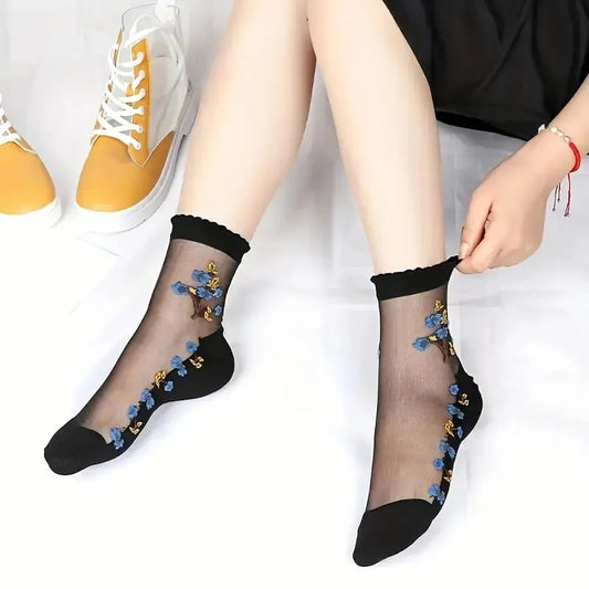 Floral Pattern Glass Stockings – 10 Pairs Soft Breathable Mid-tube So… – 🌸 10