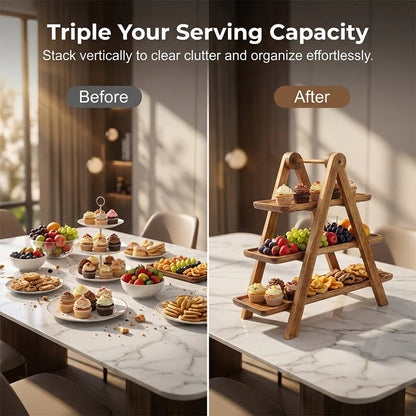 3-Tier Wooden Serving Tray – A-Frame Stand with Handle | Paulownia, Pine & Acacia