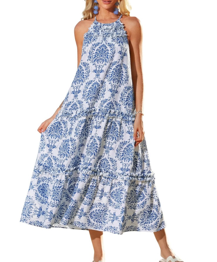 Women's Boho Casual Summer Floral Halter Tiered Beach Dress – Women's… – Size
