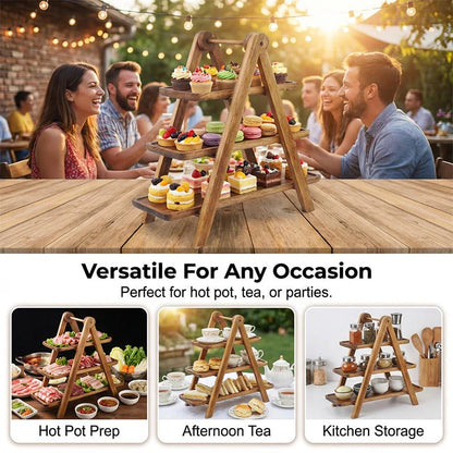 3-Tier Wooden Serving Tray – A-Frame Stand with Handle | Paulownia, Pine & Acacia
