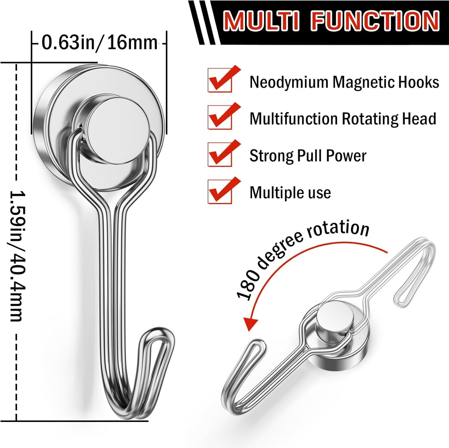 Swivel Magnetic Hooks 30lbs – N52 Neodymium, No-Drill, Rust-Resistant | 10 & 20 Pack
