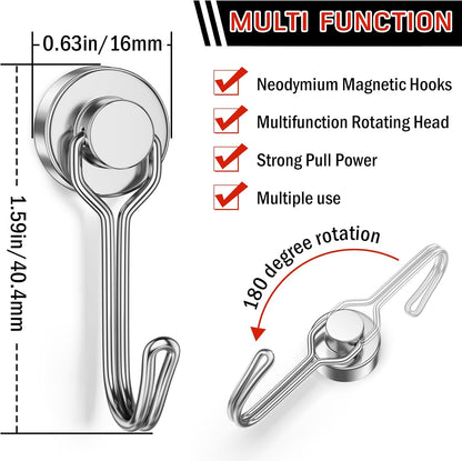 Swivel Magnetic Hooks 30lbs – N52 Neodymium, No-Drill, Rust-Resistant | 10 & 20 Pack