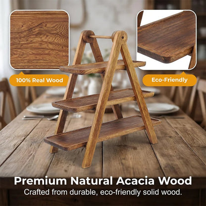 3-Tier Wooden Serving Tray – A-Frame Stand with Handle | Paulownia, Pine & Acacia