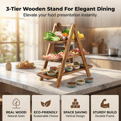 3-Tier Wooden Serving Tray – A-Frame Stand with Handle | Paulownia, Pine & Acacia